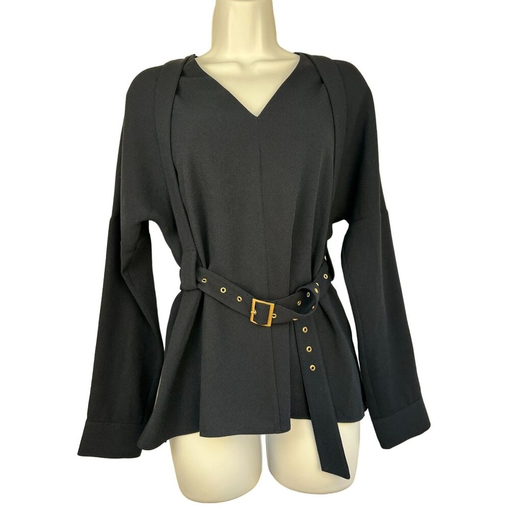 Tibi Womens Navy XXS Long Sleeve Belted Blouse V-Neck Shirt Accents Unique Top